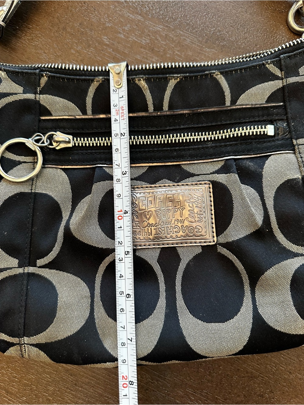 Coach Black and Gray Signature Canvas Shoulder Bag with Metallic Trim - Picture 9 of 14